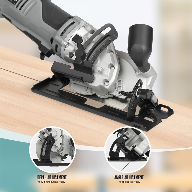 Inequalit 710W Mini Circular Saw, 5200RPM 6Amp Corded Compact Saw with 4-1/2" 24T TCT & 60T HSS Blade, Parallel Guide Ruler, Allen Wrench, Vacuum Adapter, Max Cutting Depth 1-2/3"(90°) 1''(45°) - Image 5